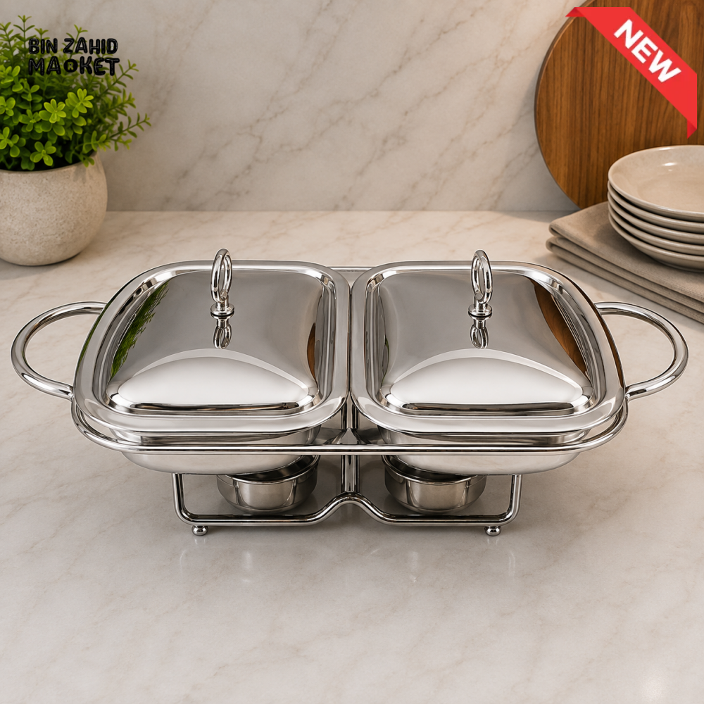STAINLESS STEEL DOUBLE COMPARTMENT CHAFING DISH FOOD WARMER - 2x1.5 LITER