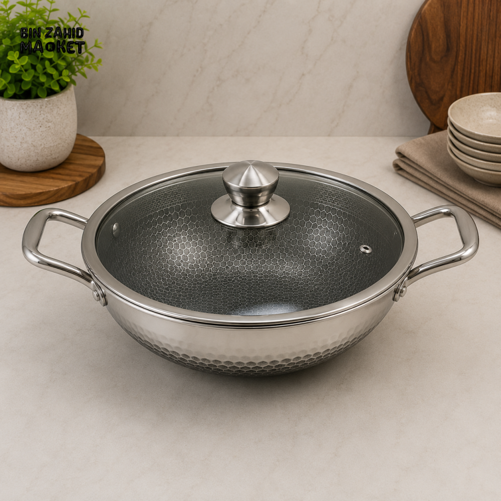 STAINLESS STEEL DOUBLE HANDLE HONEYCOMB WOK WITH GLASS LID - 26CM