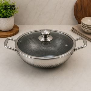 STAINLESS STEEL DOUBLE HANDLE HONEYCOMB WOK WITH GLASS LID - 28CM