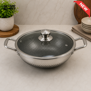 STAINLESS STEEL DOUBLE HANDLE HONEYCOMB WOK WITH GLASS LID - 30CM