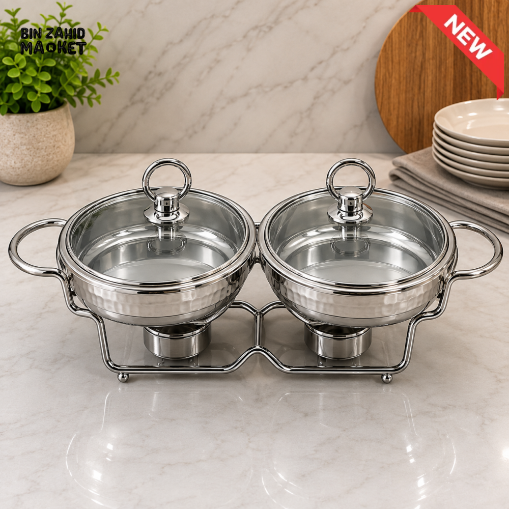 STAINLESS STEEL DOUBLE ROUND CHAFING DISH FOOD WARMER WITH GLASS LIDS - 2x1.5 LITER
