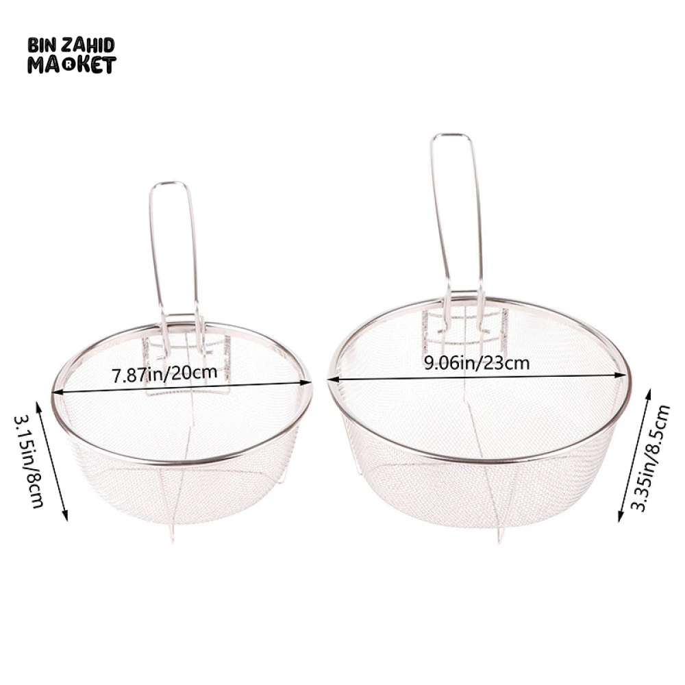 STAINLESS STEEL FRENCH FRY STRAINER BASKET – ROUND DEEP FRY MESH WITH HANDLE