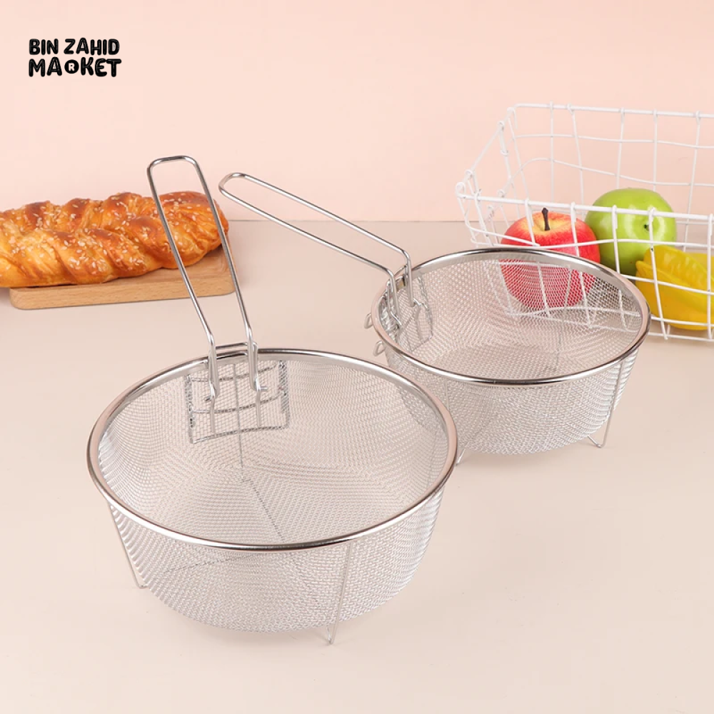 STAINLESS STEEL FRENCH FRY STRAINER BASKET – ROUND DEEP FRY MESH WITH HANDLE