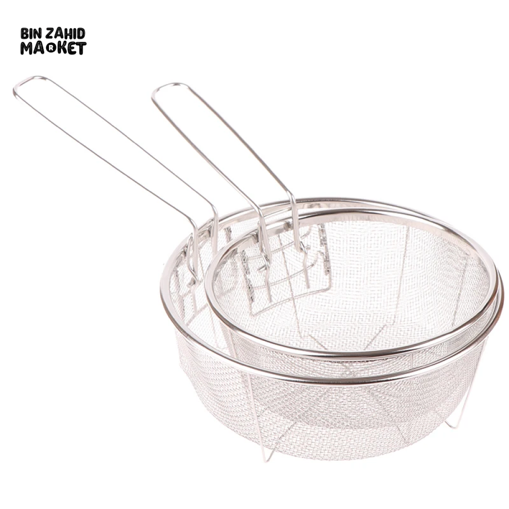 STAINLESS STEEL FRENCH FRY STRAINER BASKET – ROUND DEEP FRY MESH WITH HANDLE