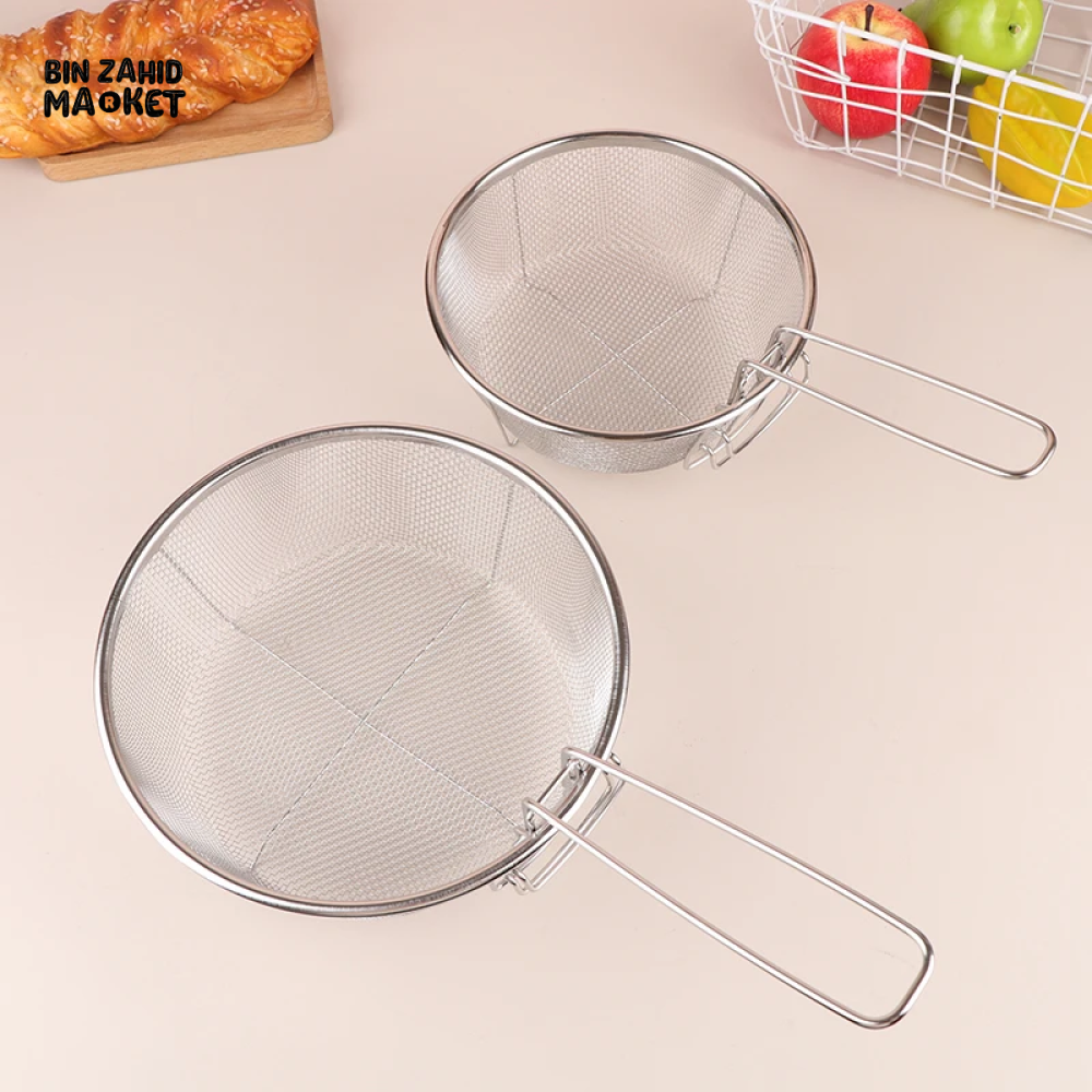 STAINLESS STEEL FRENCH FRY STRAINER BASKET – ROUND DEEP FRY MESH WITH HANDLE