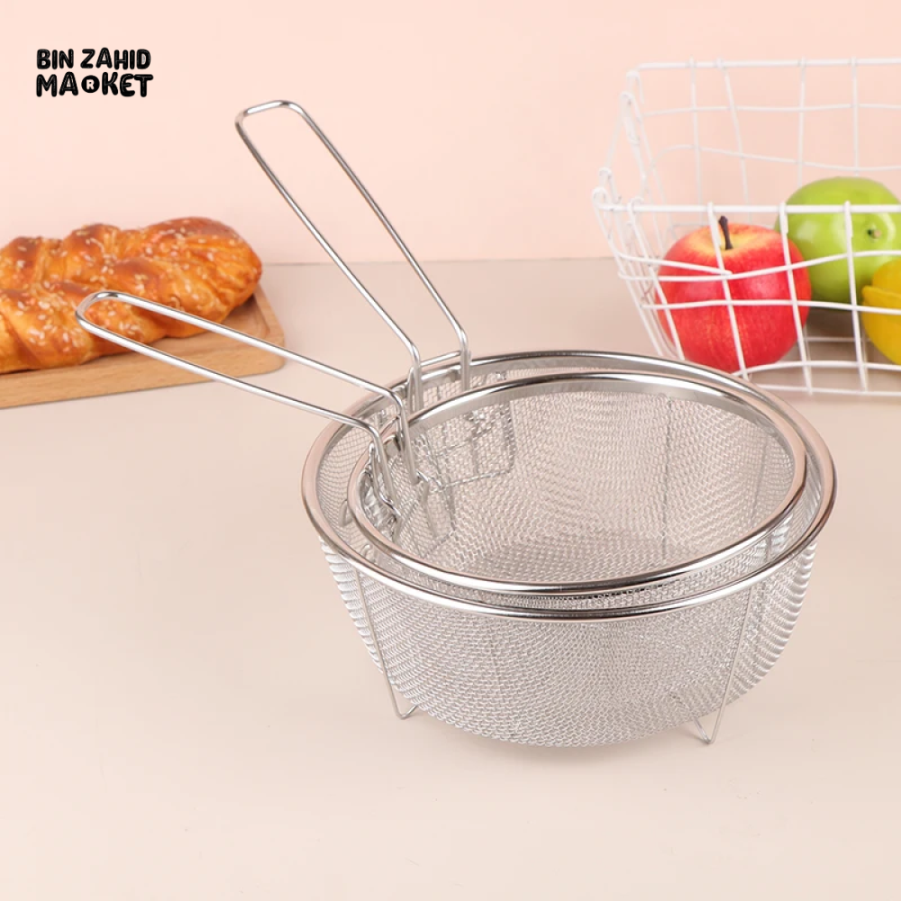 STAINLESS STEEL FRENCH FRY STRAINER BASKET – ROUND DEEP FRY MESH WITH HANDLE