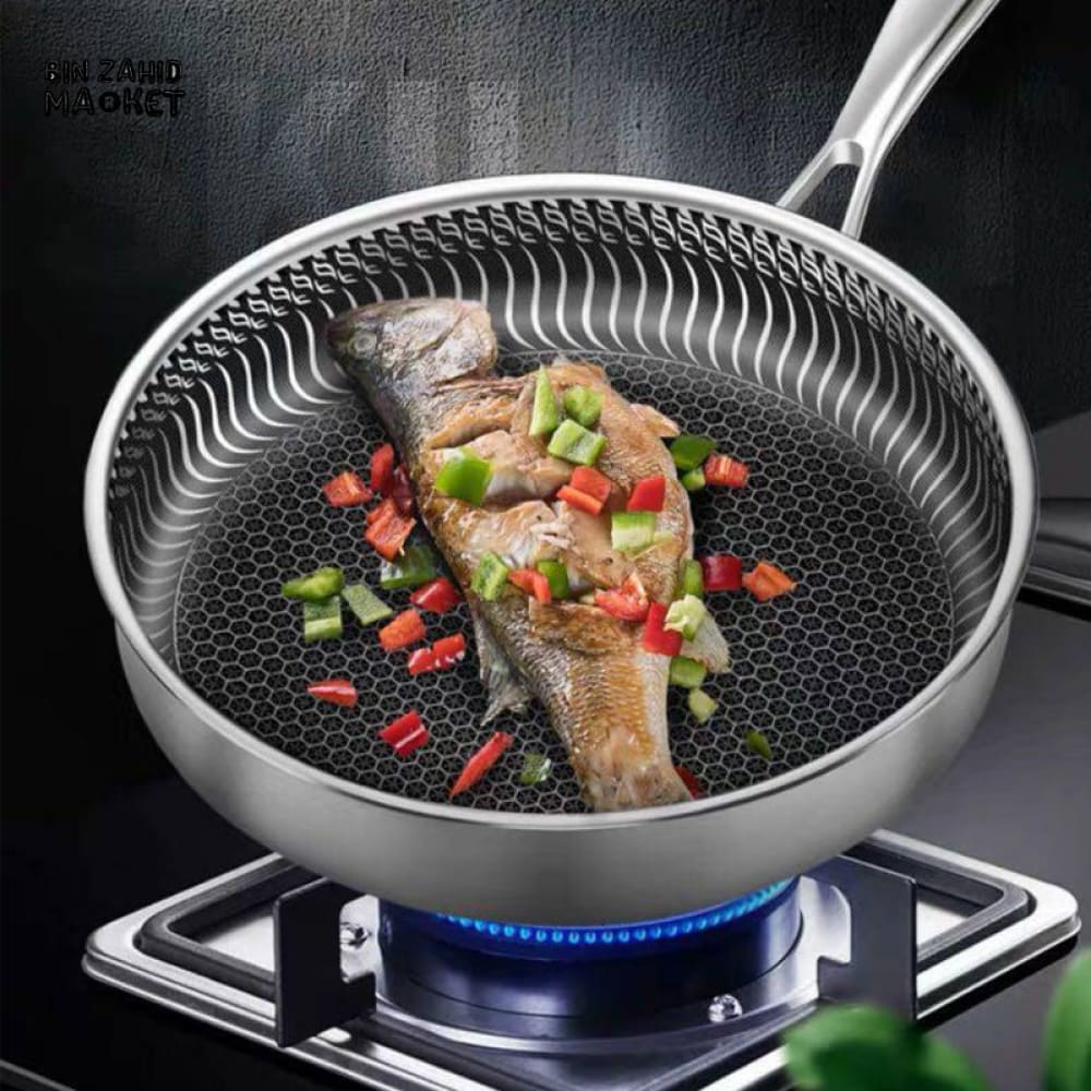 STAINLESS STEEL HONEY-COMB LASER COATED FRYING PAN WITH HEAVY BASE