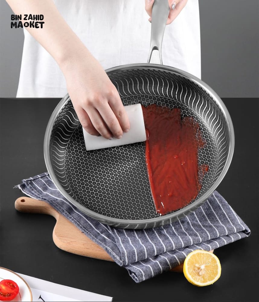 STAINLESS STEEL HONEY-COMB LASER COATED FRYING PAN WITH HEAVY BASE