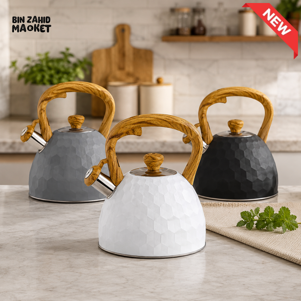 STAINLESS STEEL HONEYCOMB WHISTLING TEA KETTLE WITH WOOD-GRAIN HANDLE 3.0LTR