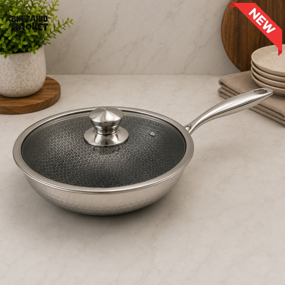 STAINLESS STEEL HONEYCOMB WOK WITH GLASS LID - 26 CM