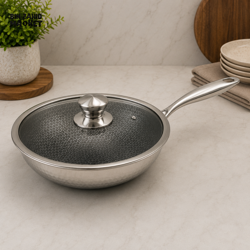 STAINLESS STEEL HONEYCOMB WOK WITH GLASS LID - 34CM