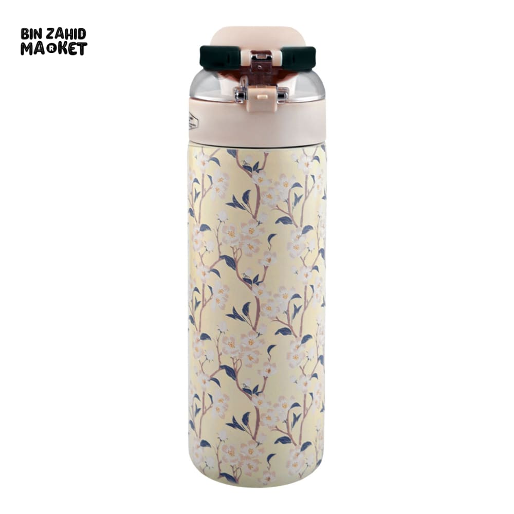 STAINLESS STEEL INSULATED FLOWER PRINT DUAL CAP WATER BOTTLE 700ML - BEIGE