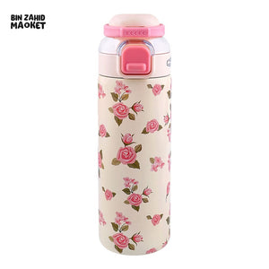 STAINLESS STEEL INSULATED FLOWER PRINT DUAL CAP WATER BOTTLE 700ML - CARAMEL