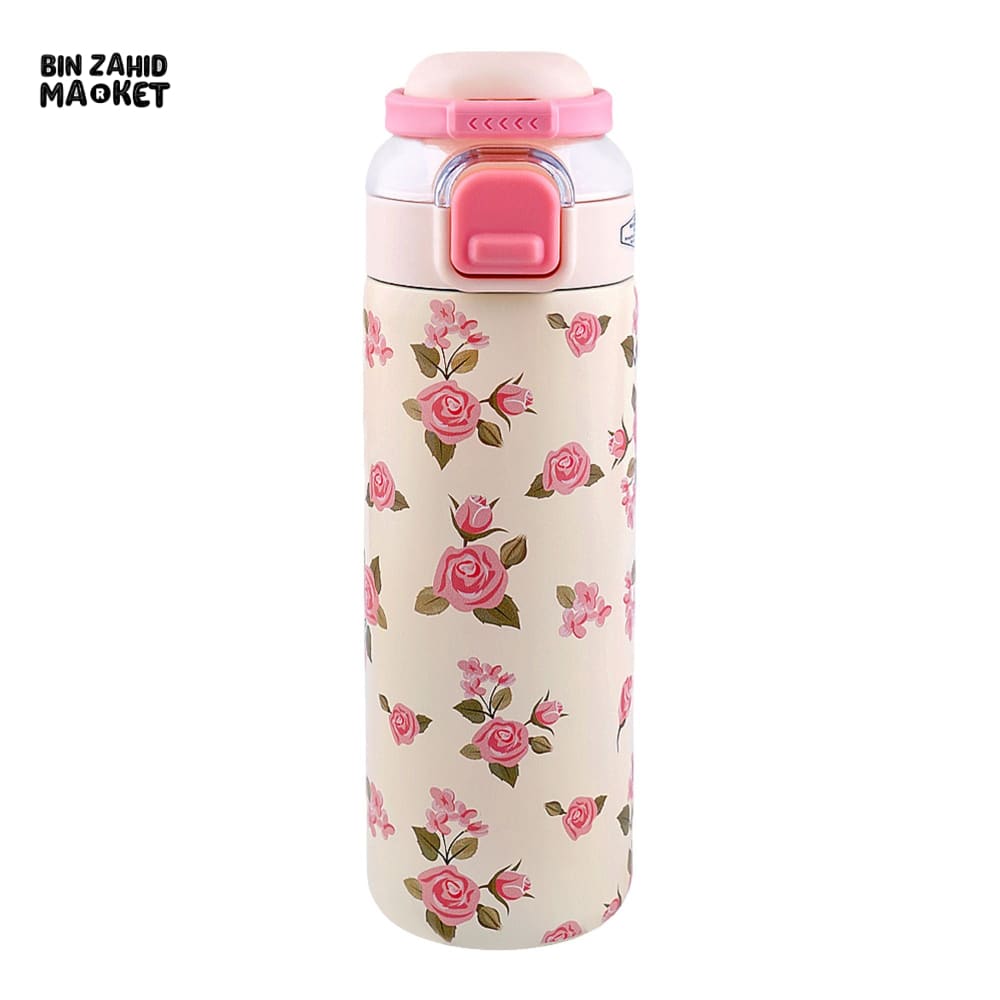 STAINLESS STEEL INSULATED FLOWER PRINT DUAL CAP WATER BOTTLE 700ML - CARAMEL