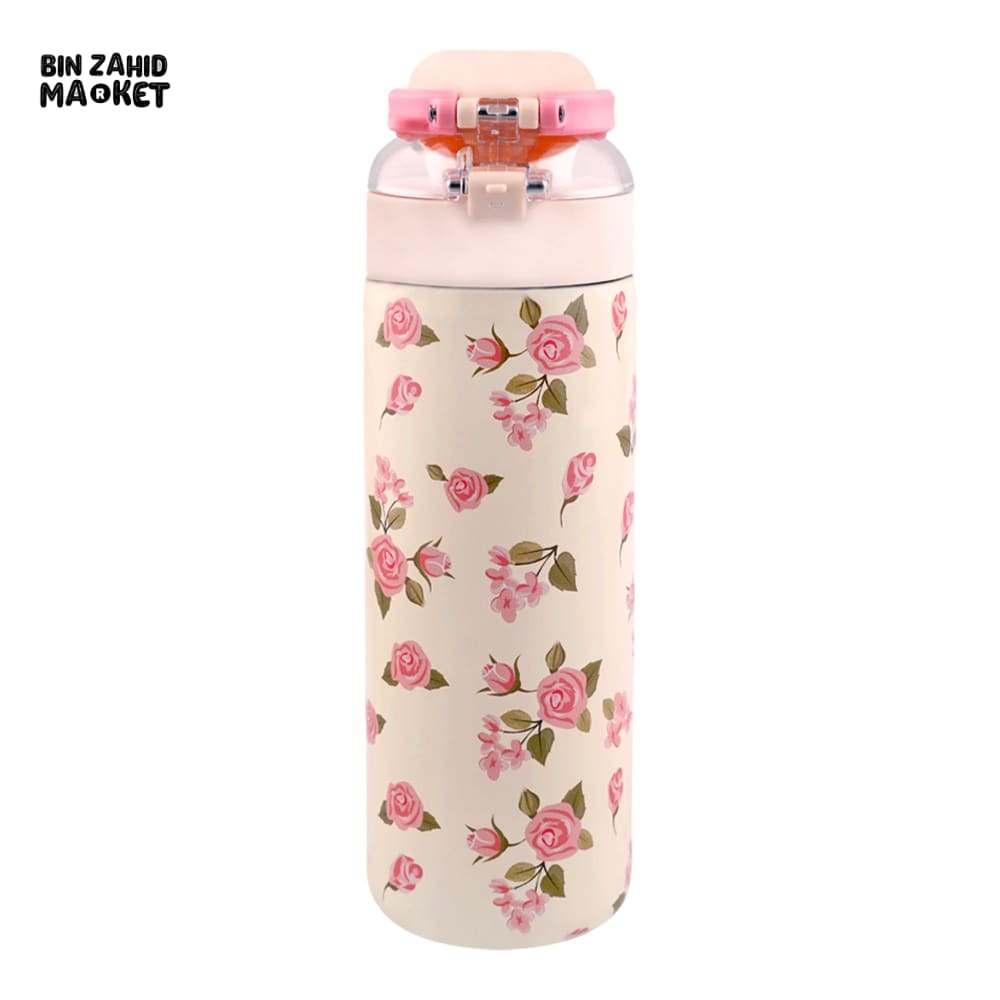 STAINLESS STEEL INSULATED FLOWER PRINT DUAL CAP WATER BOTTLE 700ML - CARAMEL