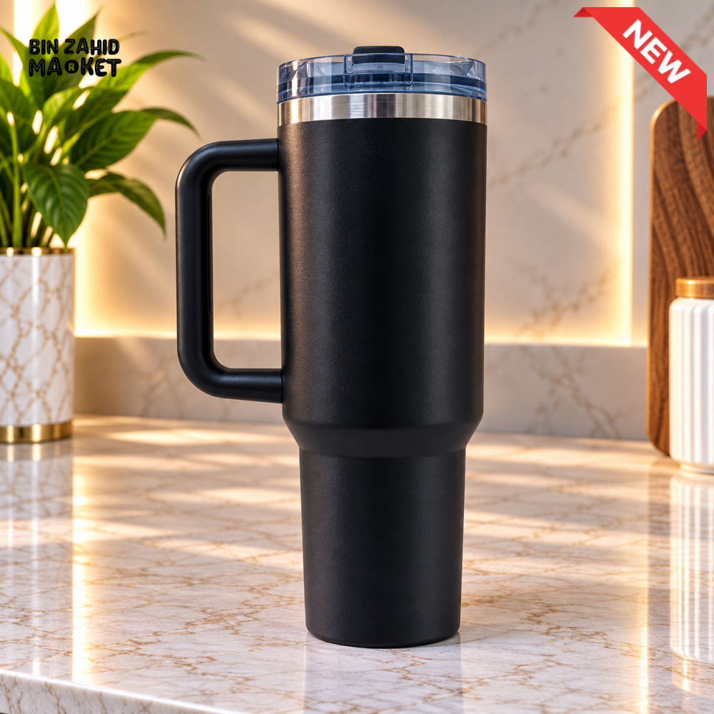 STAINLESS STEEL INSULATED TRAVEL TUMBLER WITH HANDLE – BLACK 40OZ