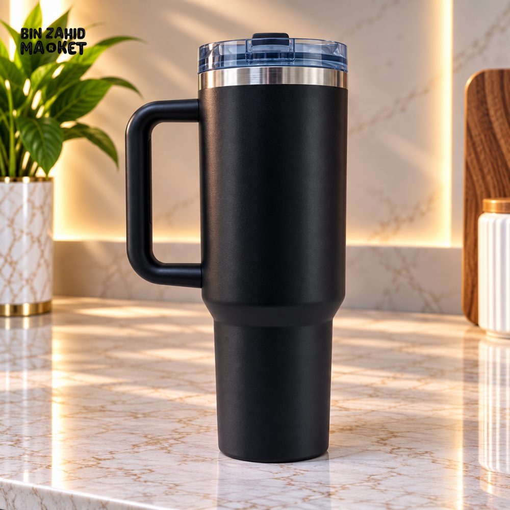 STAINLESS STEEL INSULATED TRAVEL TUMBLER WITH HANDLE – BLACK 40OZ