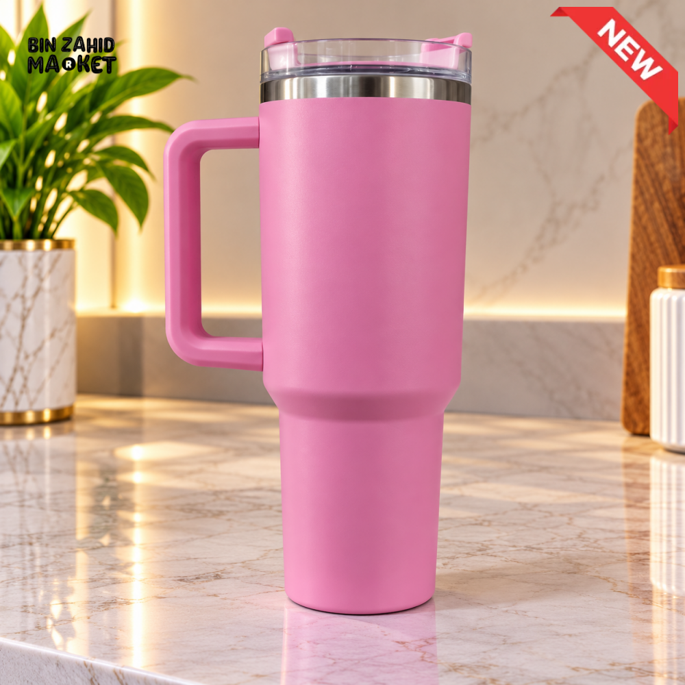 STAINLESS STEEL INSULATED TRAVEL TUMBLER WITH HANDLE – DARK PINK 40OZ