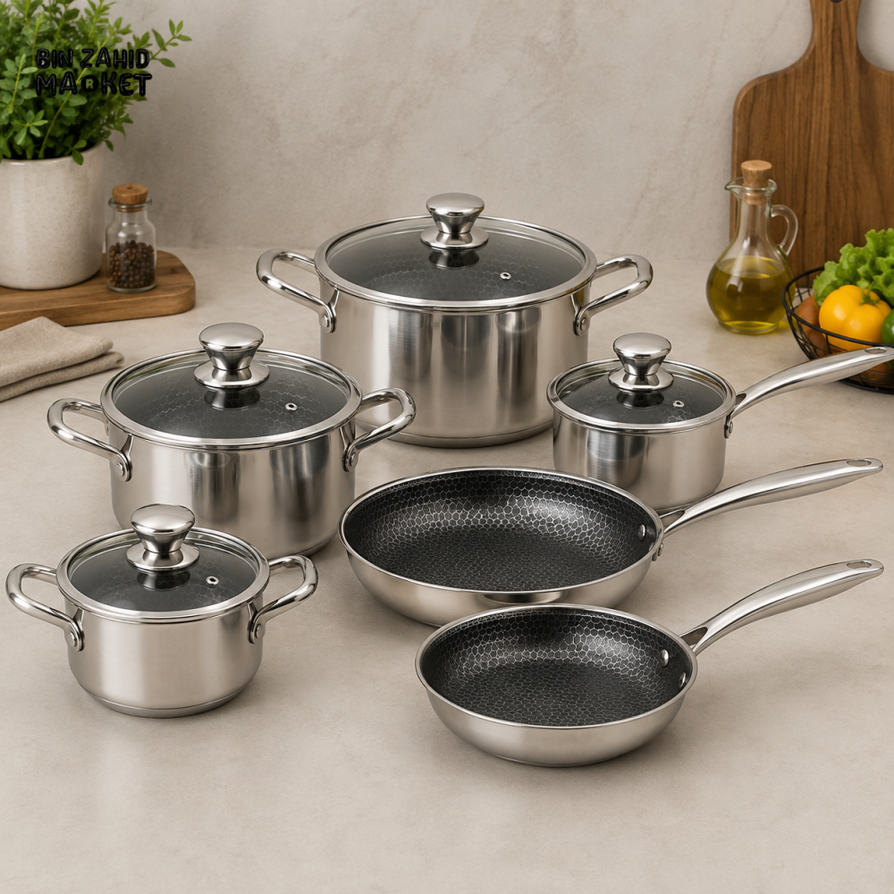 STAINLESS STEEL MULTI-PIECE COOKWARE SET WITH GLASS LIDS