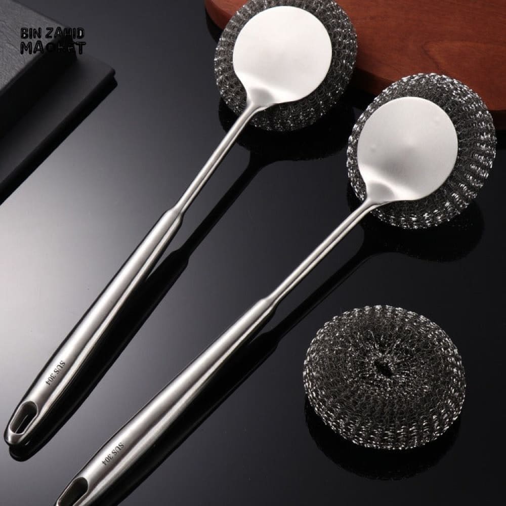 STAINLESS STEEL POT BRUSH WITH LONG HANDLE – HANGING HOUSEHOLD KITCHEN CLEANING TOOL WITH REPLACEMENT STEEL BALL FOR DISHWASHING