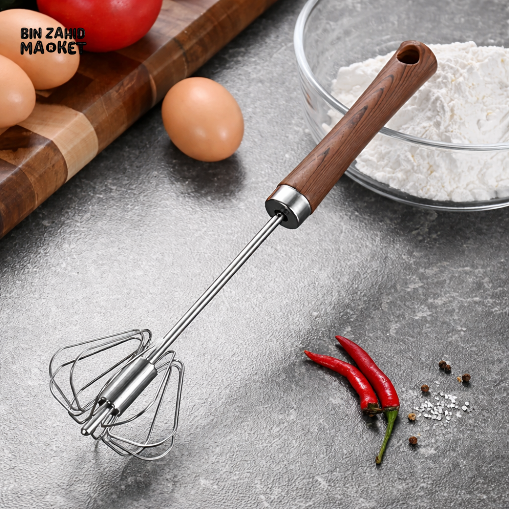 STAINLESS STEEL ROTARY HAND WHISK WITH WOODEN HANDLE – PREMIUM KITCHEN TOOL
