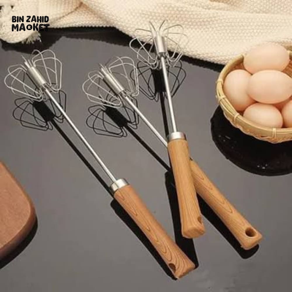 STAINLESS STEEL ROTARY HAND WHISK WITH WOODEN HANDLE – PREMIUM KITCHEN TOOL