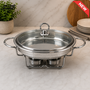 STAINLESS STEEL ROUND CHAFING DISH FOOD WARMER WITH GLASS LID - 2 LITER