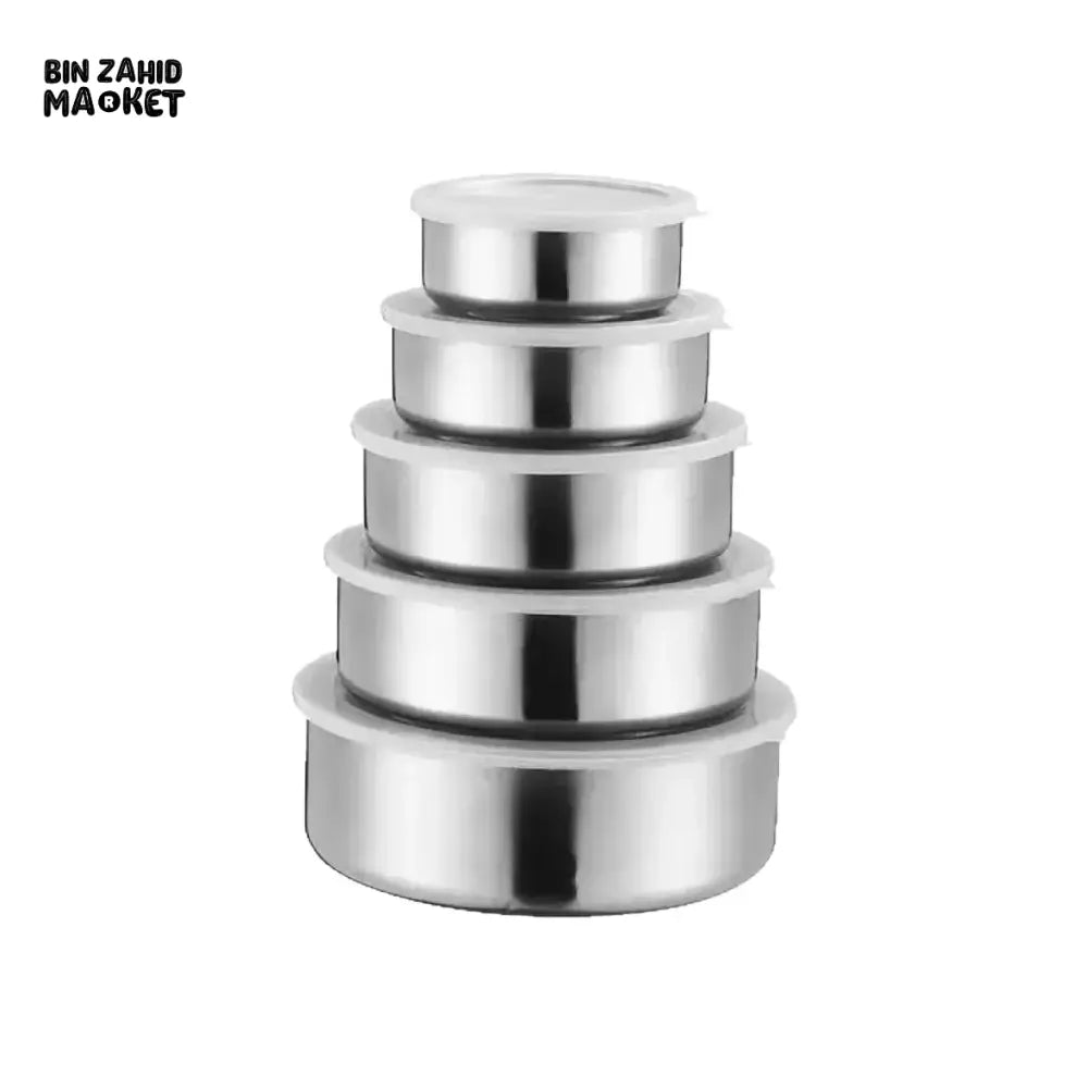STAINLESS STEEL ROUND FOOD CONTAINERS – SET OF 5 HOUSEHOLD STORAGE BOXES FOR KITCHEN AND FRIDGE