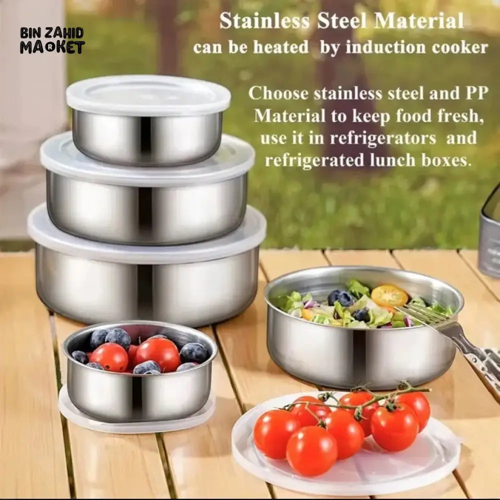 STAINLESS STEEL ROUND FOOD CONTAINERS – SET OF 5 HOUSEHOLD STORAGE BOXES FOR KITCHEN AND FRIDGE