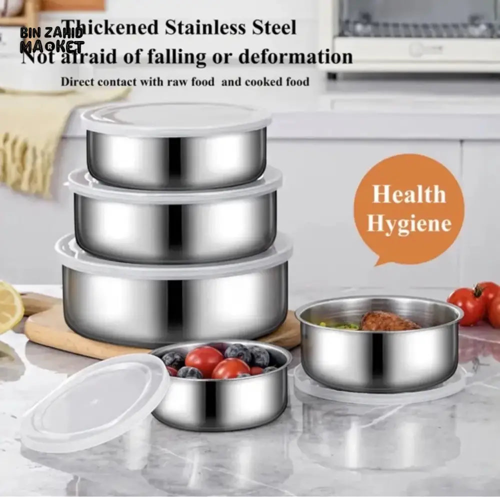STAINLESS STEEL ROUND FOOD CONTAINERS – SET OF 5 HOUSEHOLD STORAGE BOXES FOR KITCHEN AND FRIDGE