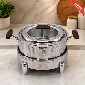 STAINLESS STEEL ROUND FOOD WARMER WITH GLASS LID - 28 CM
