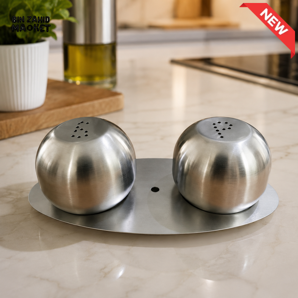 STAINLESS STEEL SALT & PEPPER SHAKER SET WITH STAND
