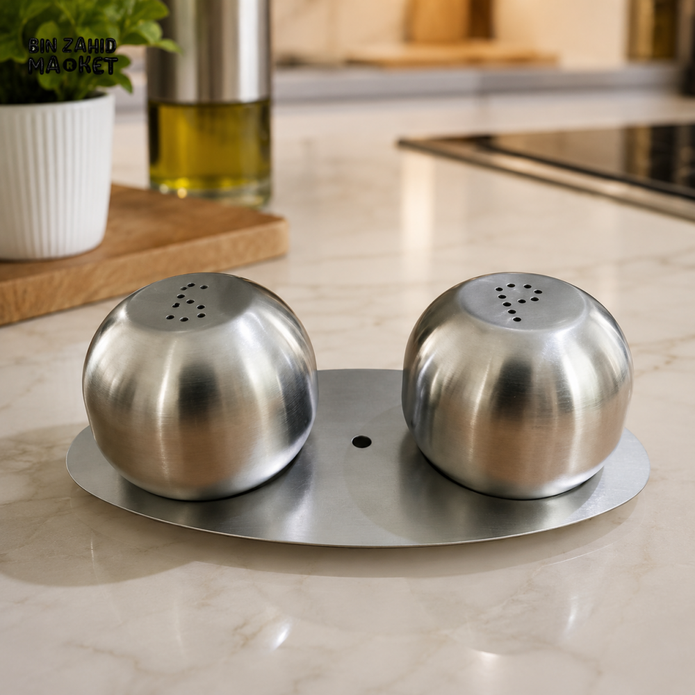 STAINLESS STEEL SALT & PEPPER SHAKER SET WITH STAND