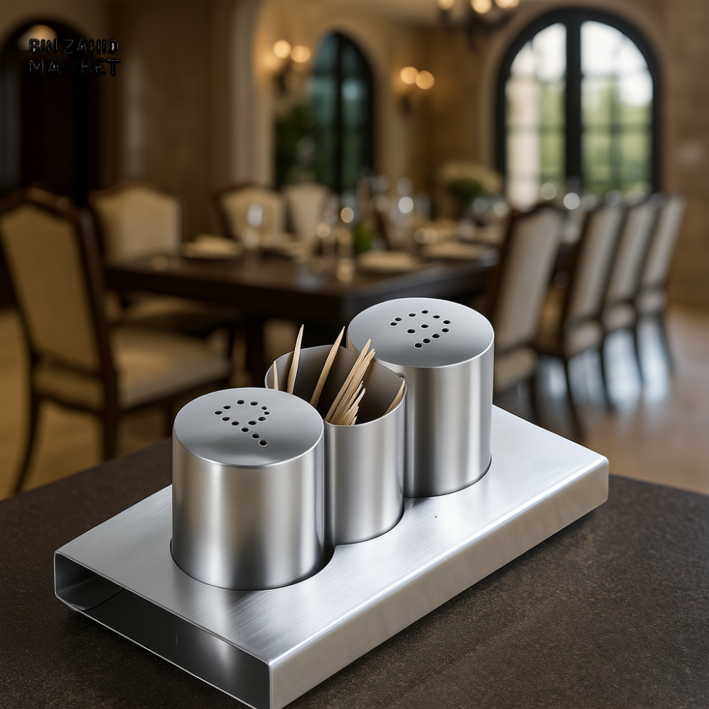 STAINLESS STEEL SALT PEPPER SHAKER SET WITH TOOTHPICK HOLDER – LUXURY DINING TABLE ACCESSORY