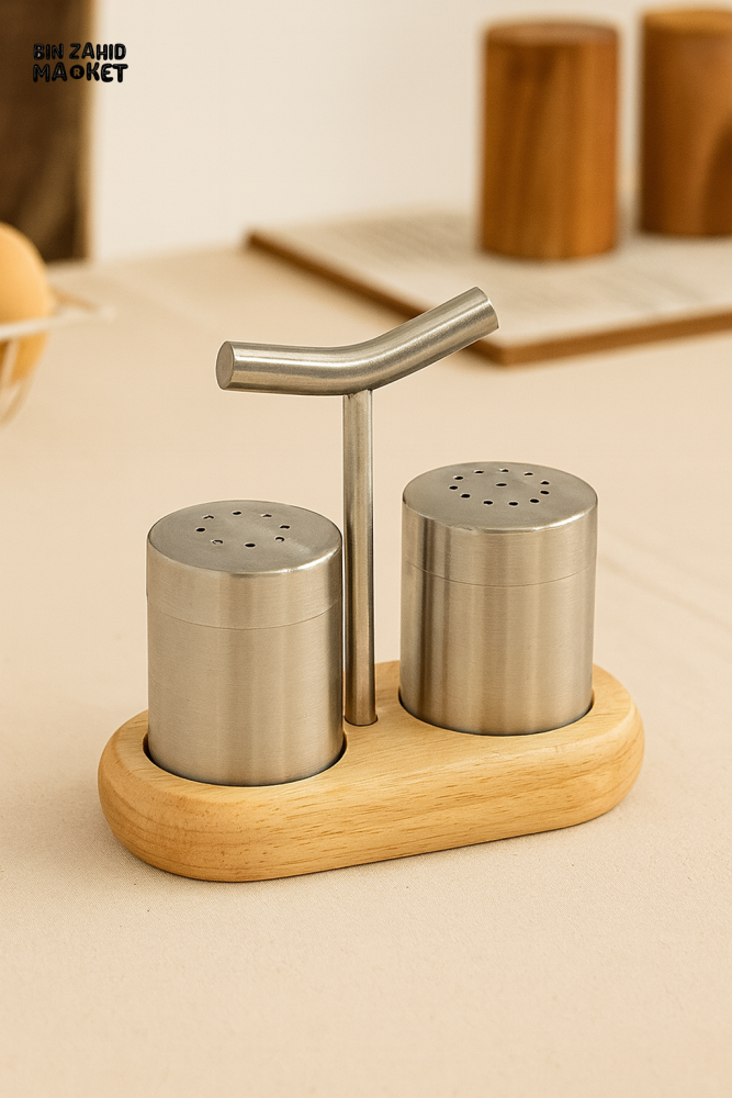 STAINLESS STEEL SALT & PEPPER SHAKER SET WITH WOODEN BASE AND HANDLE