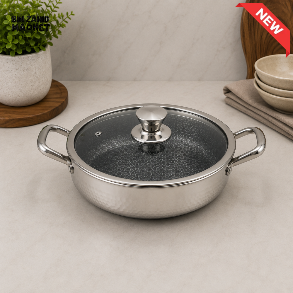 STAINLESS STEEL SHALLOW CASSEROLE WITH GLASS LID - 30CM