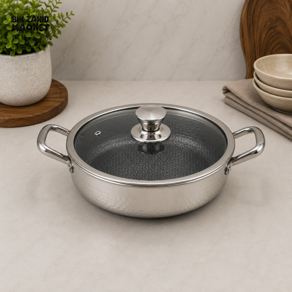 STAINLESS STEEL SHALLOW CASSEROLE WITH GLASS LID - 32CM