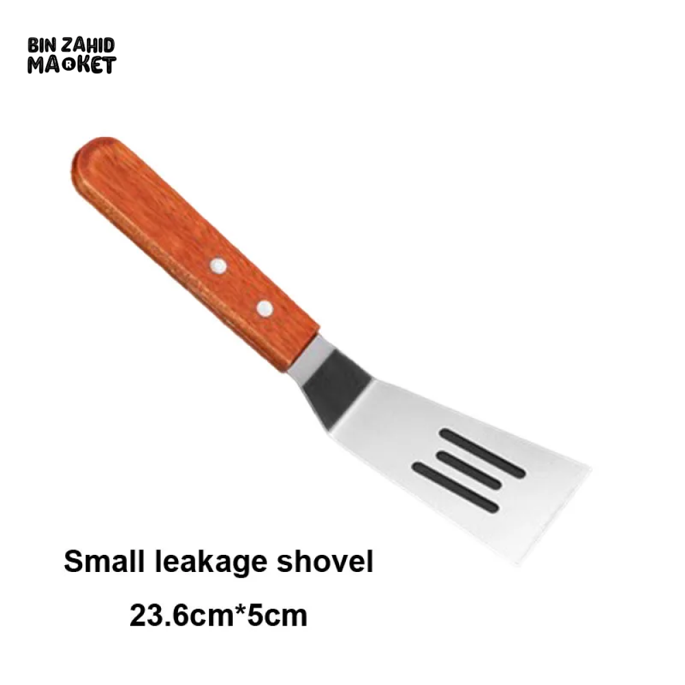 STAINLESS STEEL STEAK SPATULA WITH WOODEN HANDLE BBQ TURNER Small Leakage Shovel