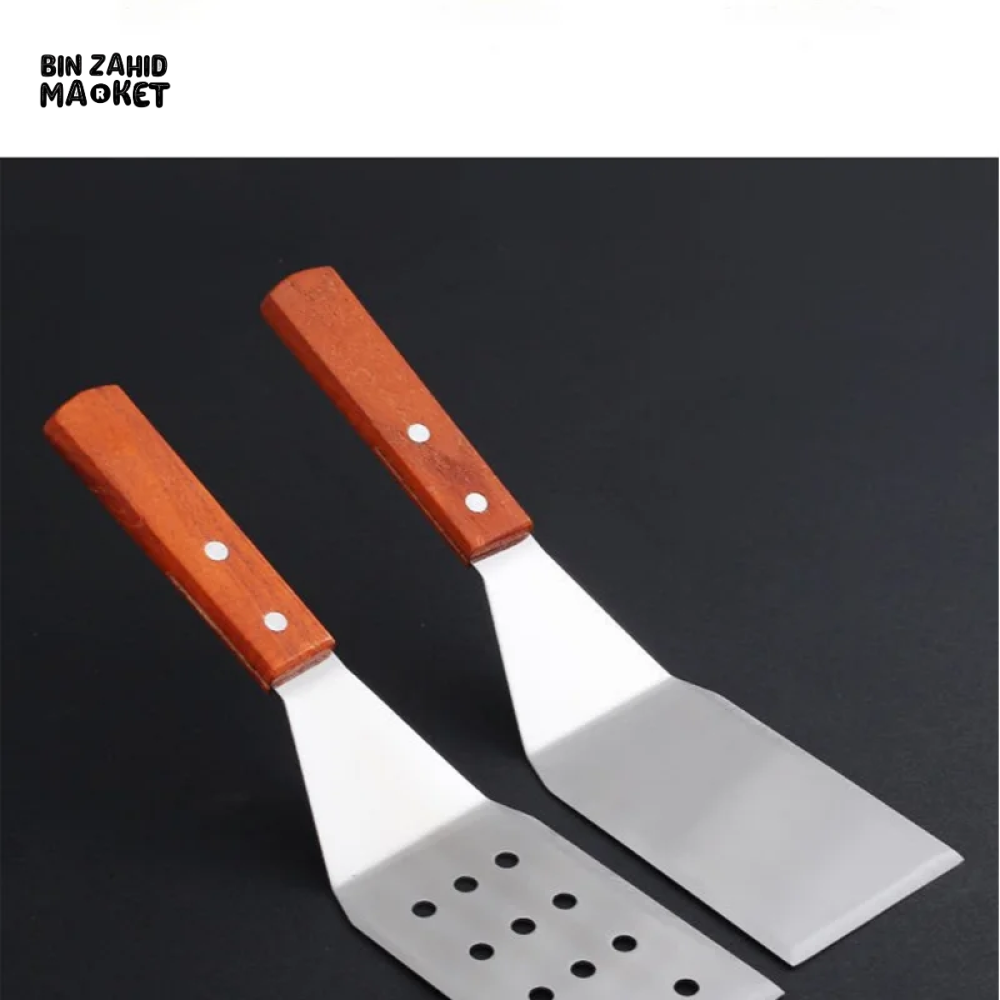 STAINLESS STEEL STEAK SPATULA WITH WOODEN HANDLE BBQ TURNER