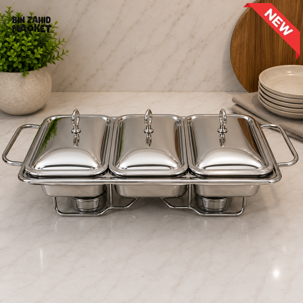 STAINLESS STEEL TRIPLE COMPARTMENT CHAFING DISH FOOD WARMER