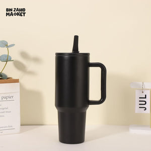 STAINLESS STEEL TUMBLER 40 OZ – VACUUM INSULATED TRAVEL MUG WITH STRAW & HANDLE KEEPS DRINKS HOT & COLD BLACK