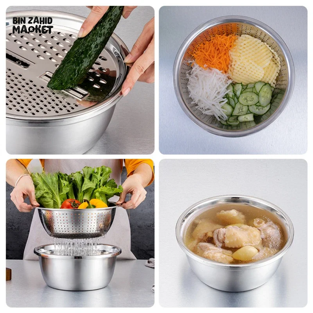 STAINLESS STEEL VEGETABLE & FRUIT SLICER GRINDER RICE BOWL DRAINAGE BASKET