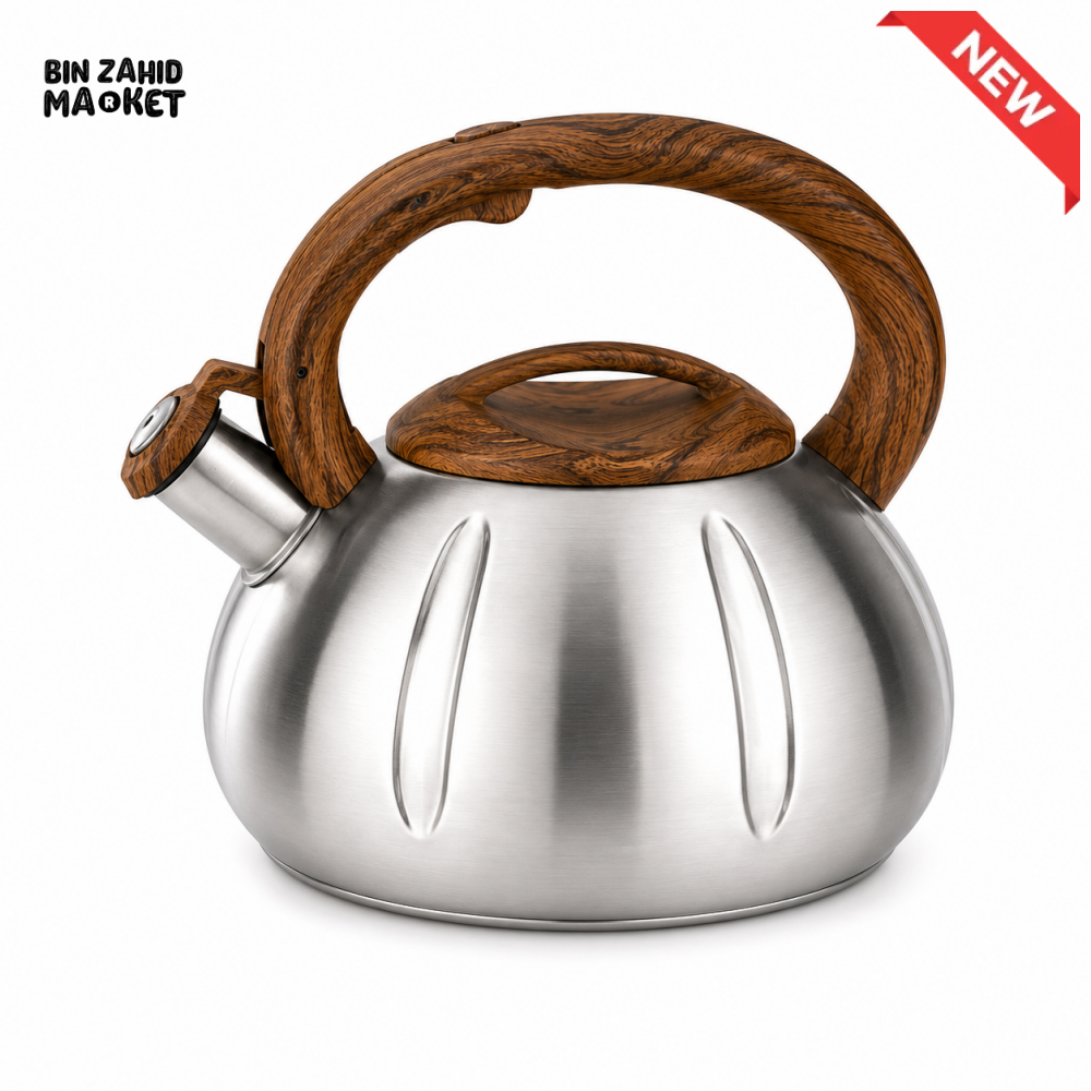 STAINLESS STEEL WHISTLING TEA KETTLE WITH WOOD-GRAIN HANDLE 3.0L