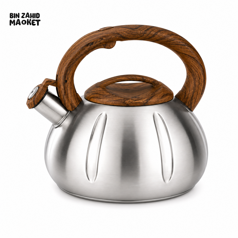 STAINLESS STEEL WHISTLING TEA KETTLE WITH WOOD-GRAIN HANDLE 3.0L