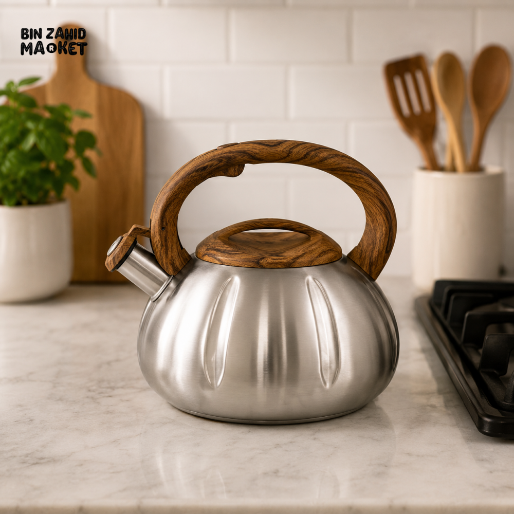 STAINLESS STEEL WHISTLING TEA KETTLE WITH WOOD-GRAIN HANDLE 3.0L