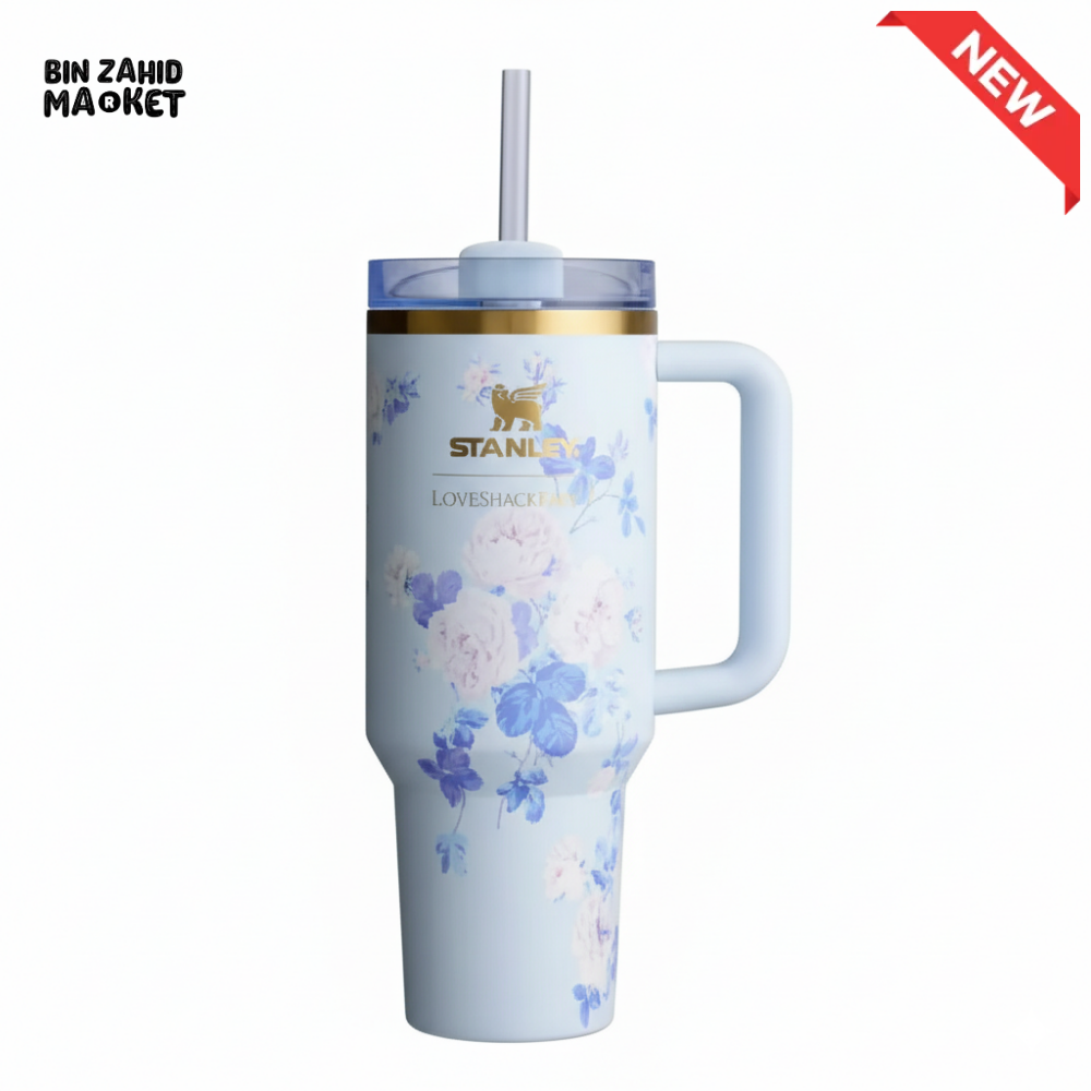 STANLEY X LOVE SHACK FANCY TUMBLER QUENCHER 40OZ - EVERBLOOMING ROSSETES (KHAKI BOX)