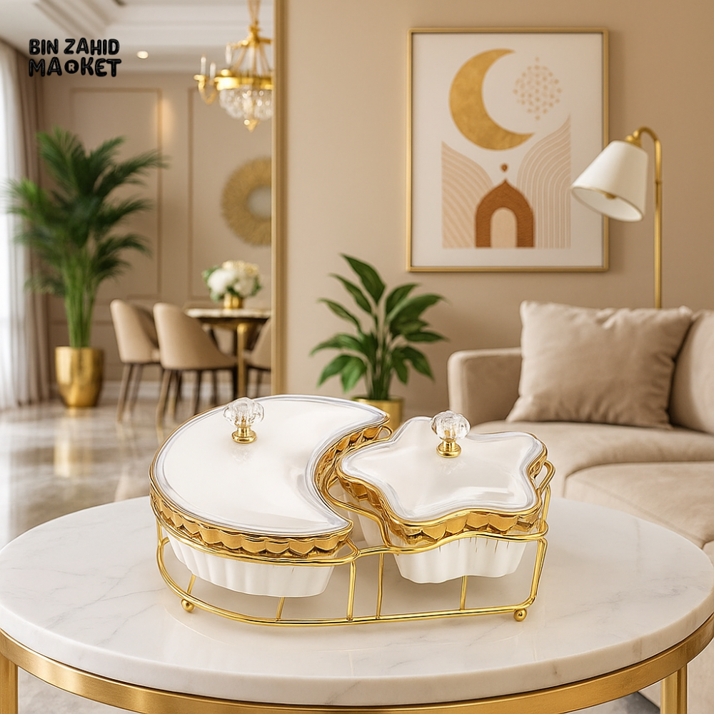 STAR & MOON SHAPE LUXURY CERAMIC CONDIMENT SET WITH GOLD STAND – VILLA STYLE DECOR BOWL JAR BOX - WHITE