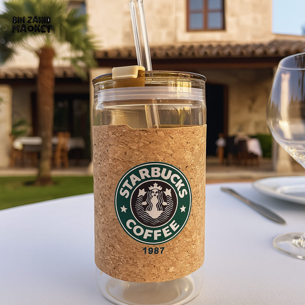 STARBUCKS GLASS TUMBLER WITH STRAW – CORK SLEEVE | REUSABLE LUXURY COFFEE CUP 1987 EDITION