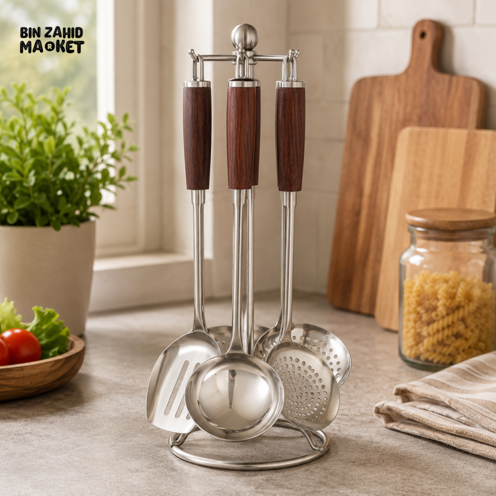 STEEL KITCHEN TOOL SET 7’S WOOD HEAVY - Home Utility Accessories