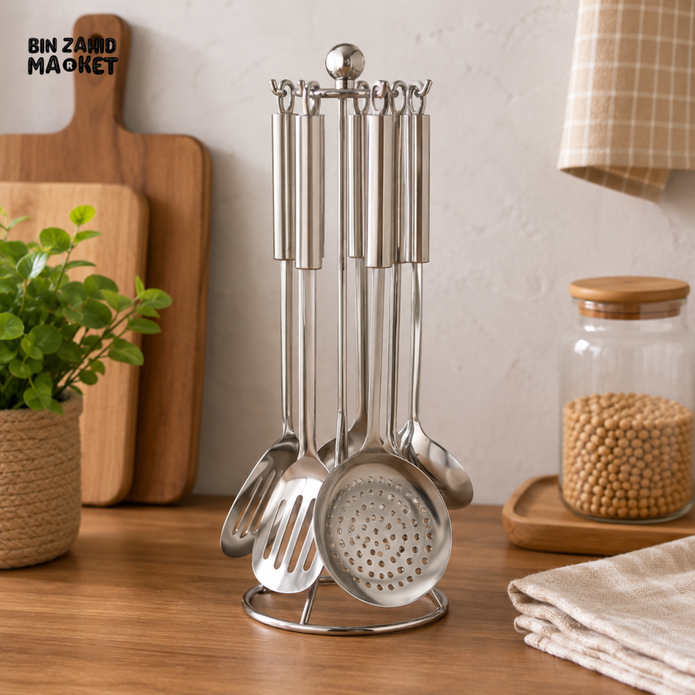 STEEL KITCHEN TOOL SET 7’S WOOD HEAVY - Home Utility Accessories